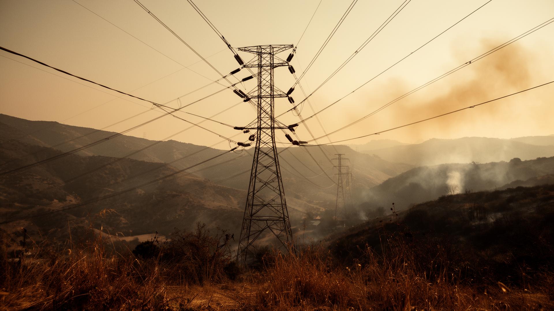 Transmission lines crossing dry grassland at dusk with distant smoke plume