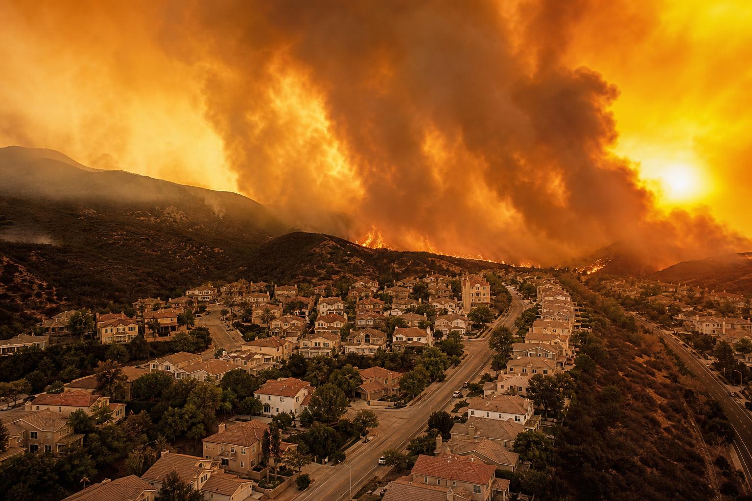 Aerial view of homes at the wildland-urban interface with wildfire smoke rising on the horizon